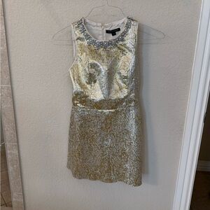 Boston Proper gold, scoop neckline with jewels, sleeveless sparkley mini dress.